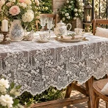 1pc Polyester Tablecloth, Elegant White Lace, Floral Pattern, Embroidered Design, Machine Made, Home Tablecloth, Square/Rectangular, Suitable For Wedding, Birthday, Thanksgiving, New Year, Home Decor, Hawaiian Theme - Apricot Embroidery - View 5