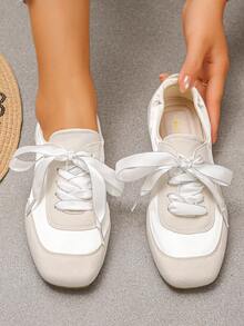 XfxfLadies' Color Blocked Flat Casual Shoes With Elastic Pleats At The Heel, Suitable For Casual Daily/Commuting/Shopping/Travel Wear. - Beige - View 3