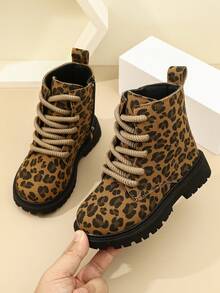 Children's Black Workwear Boots, Side Zipper + Lace-Up Design, Non-Slip Thick Sole Kids' Ankle Boots, - Khaki - View 3