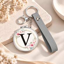 1pc 26 Letters Optional Floral Design Double-Sided Portable Makeup Mirror, 1X High Definition Mirror 180° Foldable PU Leather Pendant, Girls Bag Keychain Mirror/Bag Charm - Multicolor - View 28