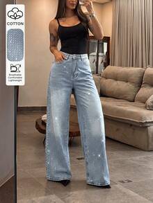 European Style Rhinestone Embellished Shiny Straight Leg Jeans For Women, All Season New Fashion Heavy Workmanship Premium Wide Leg Pants - Light Wash - View 1