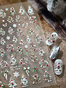 1pc Fall Winter Christmas 3D Embossed Christmas Tree Wreath Nail Stickers, Gold/Silver Color Options, 3D Christmas Tree Snowflake Bow Holly Pattern, Autumn Winter Christmas Nail Art Decoration Stickers, Nail DIY Decals - Multicolor - View 4
