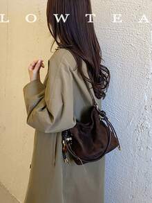 low tea 1pc Small Bucket Suede Crossbody Bag With Adjustable Strap, Suitable For Commuting, Shopping, Etc. (With Pendant) - Coffee - View 10