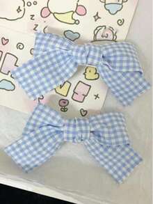 1pc Blue Plaid Bow Hair Clip, Cute Hair Accessory For Women And Girls - Blue and White - View 2