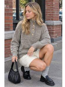 Women's Autumn/Winter Half-Open Front Knit Sweater, Casual Minimalist Pullover Top, Versatile Style - Beige - View 3