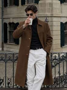 Men's Premium Fabric Brown Long Coat, Classic Collar Button-Up Elegant Winter Overcoat - Brown - View 6