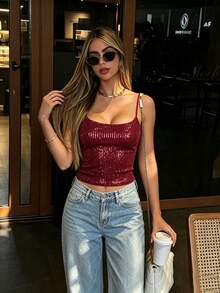 Women's Burgundy Sequin Camisole, Spaghetti Strap Knit Cropped Top, Medium Stretch Shiny Blouse - Burgundy - View 5