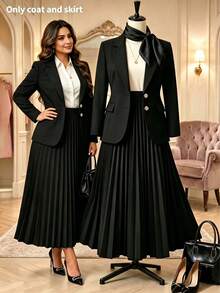 Plus Size Elegant Black Skirt Suit Set, With Lapel Blazer And Pleated Skirt For Women - Black - View 3