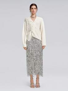Rich Radi Q's Fashion Women's V-Neck Knit Top, Embellished With Sparkling Rhinestones, Long Sleeve, Unique Wrap Detail, Winter Fashion Outfit Choice - White - View 4