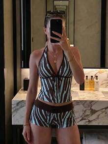 New Summer Beach Vacation Casual Style Leopard Print Halter Neck Two-Piece Swimsuit Set For Women - Multicolor - View 1