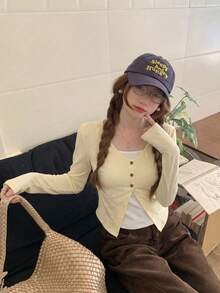 Sweet & Cute 2 In 1 Patchwork Long Sleeve T-Shirt, Women's Autumn Top - Yellow - View 5
