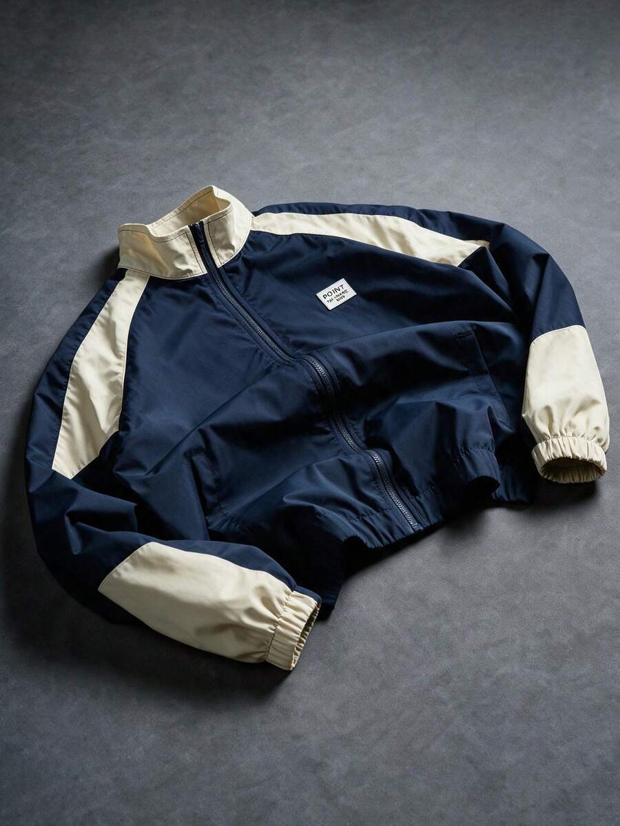 Plus Size Men's Retro Streetwear Color Block Collar Jacket, Casual College Style Lightweight Bomber Jacket - Blue - View 1