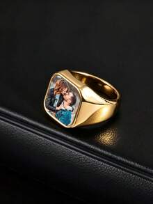1PC Customized Photo Engraved Ring, Personalized Jewelry Gift For Men And Women For Anniversary, Wedding And Special Occasions - Commemorative Ring Personalized Gift - Perfect For Father's Day, Mother's Day, Valentine's Day, Birthday, Anniversary Or Christmas Gift - Multicolor - View 5