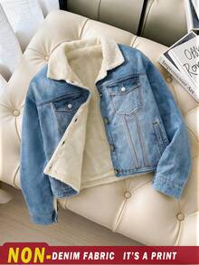 Women's Lambswool Lapel Short Jacket, Washed Distressed Drop Shoulder Loose Fit Thick Warm Workwear Jacket - Blue - View 2