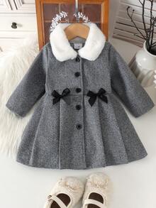 1pc Baby Girl Cute Comfortable Plush Collar Long Sleeve Open Front Wool Dress Set, Autumn/Winter Elegant Party - Grey - View 4
