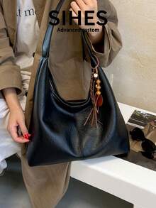 1pc Solid Color PU Leather New Women's Bag, Shoulder Bag, Fashionable Versatile Crescent Bag, Magnetic Closure, Dual Handles, Suitable For Commuting, Shopping, Dating - Black - View 8