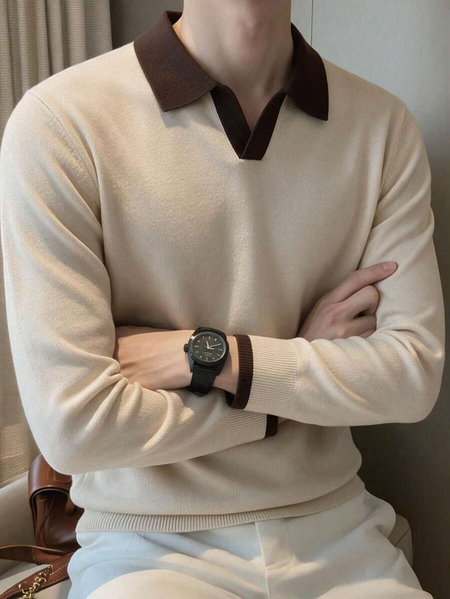 Men's Autumn/Winter Casual Versatile Patchwork Slim Fit Regular Shoulder Airplane Collar Long Sleeve Sweater - Apricot - View 1