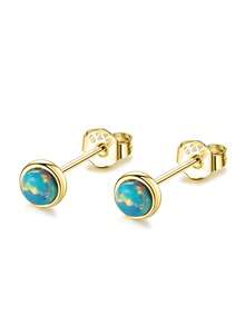 LEKANI 1 buah Anting Tusuk Kecil Opal Bulat Perak Sterling S925, Anting Batu Berwarna-warni Mini Minimalis dengan Bingkai, Perhiasan Serbaguna untuk Wanita untuk Perjalanan Sehari-hari - Emas - View 2