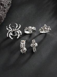 1 buah Set Cincin Vintage Punk Dark Gothic Metal dengan Hiasan Tengkorak Laba-laba dan Batu Permata, Aksesori Pria Gaya Rock Street yang Dipersonalisasi, Perhiasan Halloween - Antique Silver - View 5