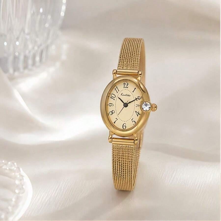 1pc Women's Vintage Gold Metal Mesh Strap Quartz Watch, Elegant Oval Digital Dial Wristwatch, Suitable For Daily Wear - Gold - View 1