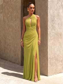 UNITHORSE Women's Elegant One Shoulder Hollow Chest Design Chiffon Pleated Evening Dress - lemon Green - View 4