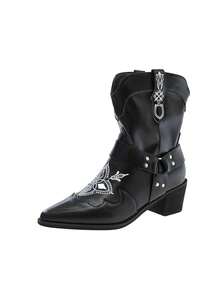 weiweiting Vintage European And American Style Black Pointed Toe Embroidered Western Cowboy Boots For Women, 2026 Autumn/Winter New Arrival Rivet Belt Buckle Chunky Heel Ankle Boots For Holiday - Black - View 5