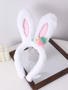 1pc/2pcs Girls White & Pink Plush Rabbit Ear Headband, Soft Plush Rabbit Ear Headband With Strawberry Flower Decoration, Cute Sweet Hair Accessory, Suitable For Children's Daily Wear, Party, Ball, Holiday Decoration - Multicolor - View 4