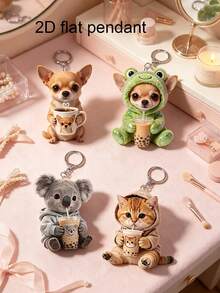 2D Flat Puppy, Kitten, Koala Pattern Keychain, Cute Dressed Animal Drinking Milk Tea Keychain, Beautiful Fashionable Key Ring Wallet Handbag Decoration, Fashionable Dressed Animal Drinking Milk Tea Party Keychain, Novel Acrylic Design Key Ring Decoration, Durable And Lightweight, Suitable For Car Keychain, Phone Keychain, Backpack And Wallet Keychain Decoration - Can Be Used As Birthday Gift, Pet Lover Keychain Car Key Bag Pendant - Multicolor - View 1