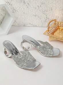 Silver Sequin Open‑Toe Mules For Women, Unique Circular Hollow Heel Square Toe Slide Sandals, Party Banquet Heeled Slippers - Silver - View 8