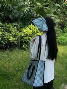 黃色帆布托特包，小眾大容量通勤單肩包，極簡購物包，女性百搭托特包 - 藍色 - 查看 4