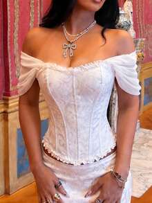 Yuwenier White Romantic Corset Top Jacquard Satin Bandeau Organza Ruffle Sleeves Lace Decor Strapless Top Halloween Stage Performance Costume - White - View 3