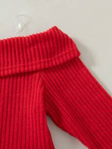 Girls' Christmas Off-Shoulder Fitted Flared Dress, New Year Princess Dress, Autumn/Winter - Red - View 5