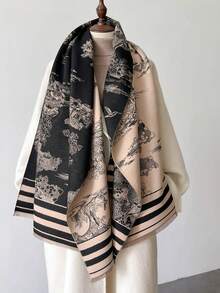 1PC Women's Autumn/Winter Double-Sided Imitation Cashmere Botanical Jacquard Warm Scarf Shawl Suitable For Daily Wear - Black - View 4