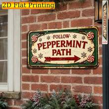 Follow The Peppermint Path Christmas Sign, Vintage Plaque, Decorative Sign & Ornament, 2D Flat, Candy Swirl Red Arrow Path Directional Sign, Ivory White & Green Holiday Wall Decor, Fun Winter Dessert Route Porch Decoration (Random Style) - A - View 7