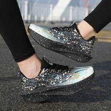 Sepatu Olahraga Pria dan Wanita Ukuran Besar Motif Abstrak Bercak Tinta, Permukaan Rajutan Gradien Pudar, Bertali, Sol Tebal Berkontur, Sepatu Sneaker Cross-Train Bergaya - Hitam - View 10