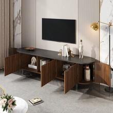 TV Lowboard Made Of MDF With 5 Doors, Fluted Front, Rounded Sides, Iron Legs, And Iron Handles - Walnut+MDF - View 3