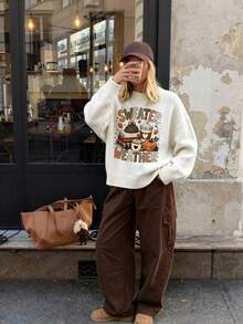 LOVE JOYY Women's Autumn/Winter Beige Round Neck Knit Sweater, Fallen Leaves Pumpkin Coffee Slogan Print, Loose Drop Shoulder Long Sleeve Pullover - White - View 7