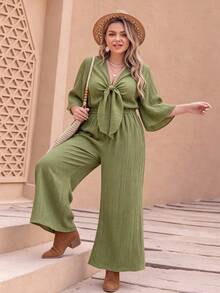 Plus Size Women Casual Vacation Bohemian Style Loose Long Jumpsuit - Green - View 2