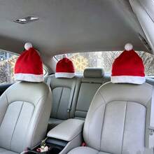 2pcs/Set Car Headrest Santa Hat, Christmas Car Seat Head Cover, Red Santa Hat With White Plush Trim, Xmas Auto Interior Decoration For Holiday Party - Red - View 5