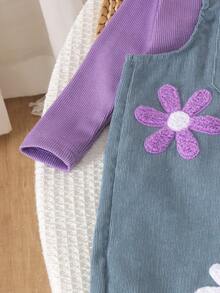 2pcs Baby Girl Cute Casual Ribbed Top & Towel Embroidery Corduroy Overalls Set, Thin Spring/Autumn - Purple - View 5