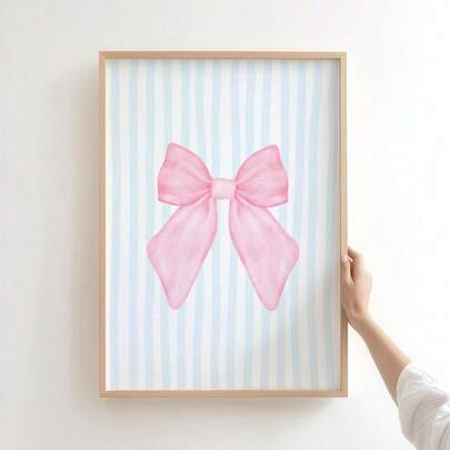 1pc Framed/Unframed Blue Striped Pink Bow Nursery Canvas Poster Grandmillennial Preppy Cute Wall Art Print Minimalist Girly Room Coquette Decor Scroll Painting For Dorm,Baby Kids Room,Bedroom,Modern Home Decoration