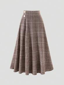 EARO Women's Vintage Plaid Long A-Line Skirt With Gold Buttons, Suitable For Autumn Wear - Brown - View 1