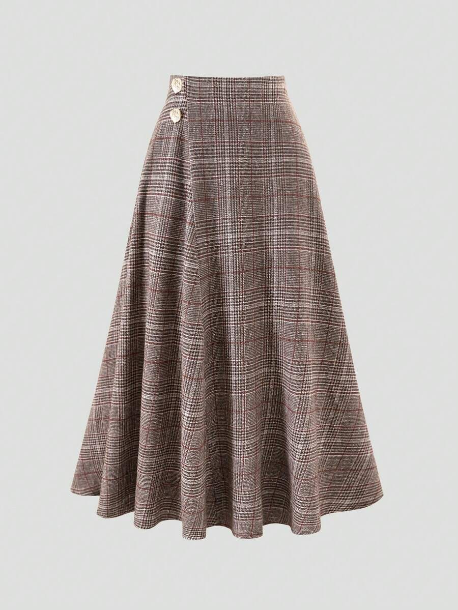EARO Women's Vintage Plaid Long A-Line Skirt With Gold Buttons, Suitable For Autumn Wear - Brown - View 1