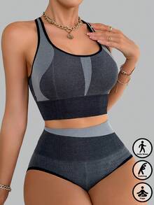 2 Pieces Sets Woman, Sporty Seamless Gray Color Block Cross Back Strap Sports Bra & High Waist Briefs. - Dark Grey - View 5