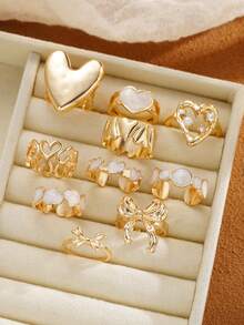 10pcs Fashion Vintage Exaggerated Sweet Cool Girl Oil Drop Heart Bow Rhinestone Wide Band Stackable Ring Set, Women's Daily Wear, Vacation, Travel, Party, Gift Choice - Yellow Gold - View 2