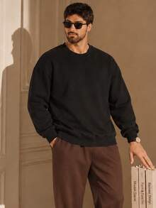 Men's Spring/Autumn Casual Daily Commute Minimalist Versatile Fitted Crew Neck Sweatshirt - Black - View 1