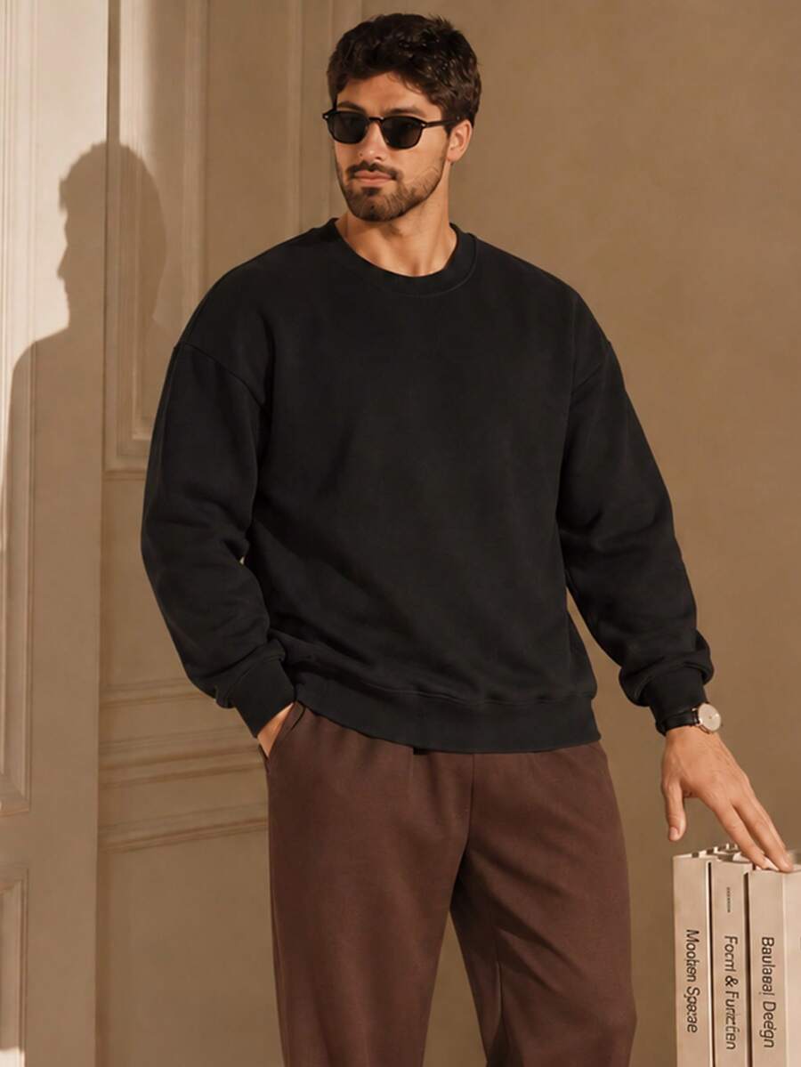 Men's Spring/Autumn Casual Daily Commute Minimalist Versatile Fitted Crew Neck Sweatshirt - Black - View 1