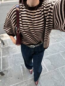 Women's Casual Cute Y2K Striped Short Sleeve Wool Knit Pullover Sweater Top, Suitable For Summer And Autumn Outfits, Work, Dates, Vacations - Brown - View 4