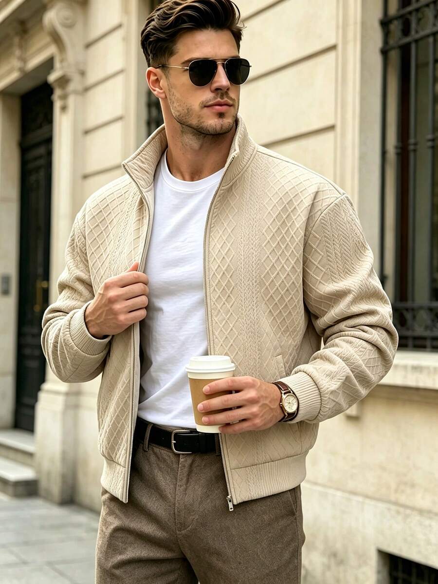 Men's Textured Stand Collar Argyle Thermal Lined Thick Loose Sweatshirt - Khaki - View 1