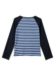 Áo kiểu Hàn Quốc tối giản phối màu khối, cổ Henley tay raglan, sọc, dáng regular, tay dài đa năng, lớp nền, quần áo mùa thu - Sọc xanh - Xem 2